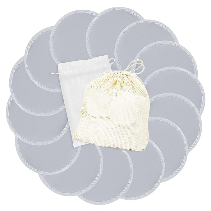 wegreeco Nursing Breast Pads (14 Pack) + Laundry Bag & Travel Storage Bag, 4.7 inch Option - Washable & Reusable Breastfeeding Nursing Pads (Grey, Large, Plain Shape)