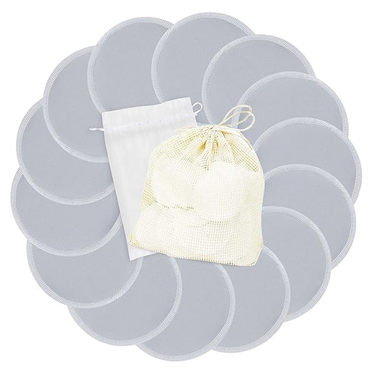 wegreeco Nursing Breast Pads (14 Pack) + Laundry Bag & Travel Storage Bag, 4.7 inch Option - Washable & Reusable Breastfeeding Nursing Pads (Grey, Large, Plain Shape)