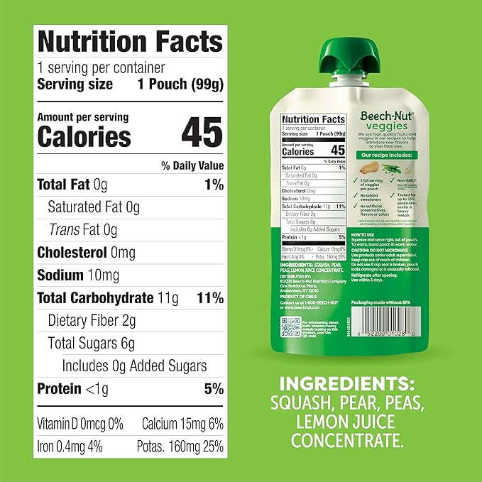 Beech-Nut Baby Food Pouches, Squash Peas Pears Veggie Puree Baby & Toddler Food, 3.5 oz (12 Pack)