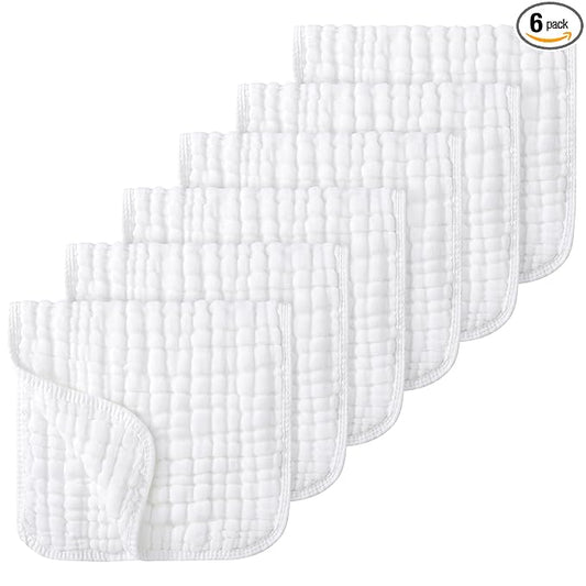 Looxii Muslin Burp Cloths Baby Girl 6 Pack - 20" x 10" - Ultra Soft & Absorbent, 6-Layer 100% Cotton for Spit Up & Drool- Gentle Baby Burping Cloth, Newborn Essentials Shower Gift Girl, White