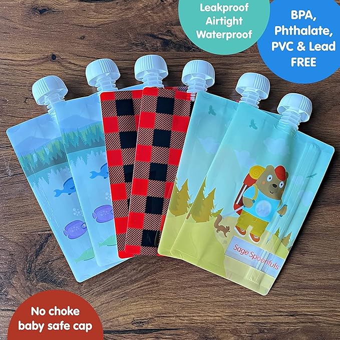 Sage Spoonfuls Reusable Baby Food Pouches - 6 Pack, Baby Food Storage, Pouches Toddler, Refillable Squeeze Pouch for Kids (Camping), Dishwasher and Freezer Safe, BPA Free
