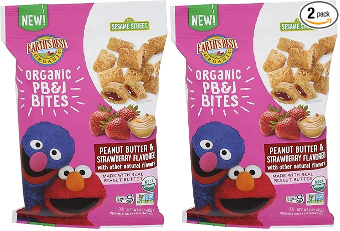 Earth's Best Organic Kids Snacks, Sesame Street Toddler Snacks, Organic PB&J Bites for Toddlers 2 Years and Older, Peanut Butter and Strawberry Flavored with Other Natural Flavors, 3 oz Bag