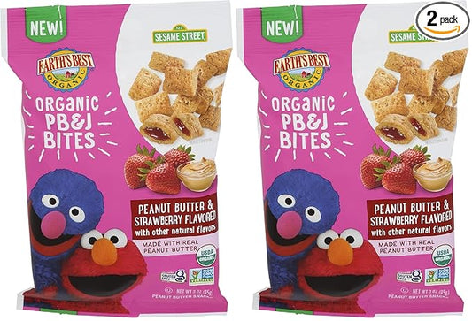 Earth's Best Organic Kids Snacks, Sesame Street Toddler Snacks, Organic PB&J Bites for Toddlers 2 Years and Older, Peanut Butter and Strawberry Flavored with Other Natural Flavors, 3 oz Bag