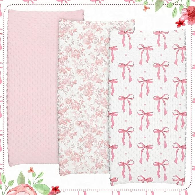 SmoothNovelty 3 Pcs Pink Bow Baby Changing Pad Covers, Flowers Changing Table Cover for Girls, 32 x 16 in Minky Table Sheets, Soft Velvet Nursery Decor, Baby Items