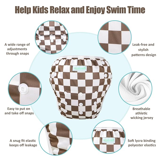 wegreeco Baby & Toddler Snap One Size Adjustable Reusable Baby Swim Diaper (Black, Grey, Dark Coffee Checkerboard, Large, 3 Pack)