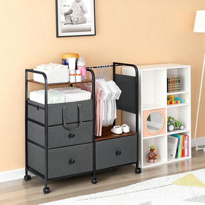 Orzbow Baby Diaper Caddy Cart Organizer and Storage | 4 Tier Baby Rolling Cart with Dividers and Drawers, Metal Rolling Utility Cart for Nursery, Bedroom, Changing Table & Crib, Easy to Assemble, Grey