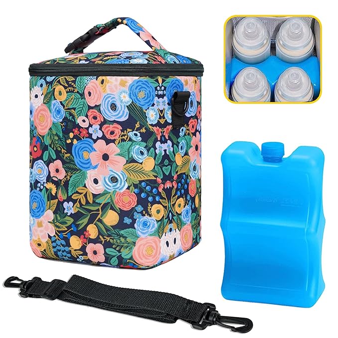 Breastmilk Cooler Bag with Ice Pack Fits 4 Baby Bottles Up To 9 Ounce Insulated Baby Bottle Bag Breast Milk Cooler on the Go with Strap Cooler Bag for Nursing Mom Daycare or Travel