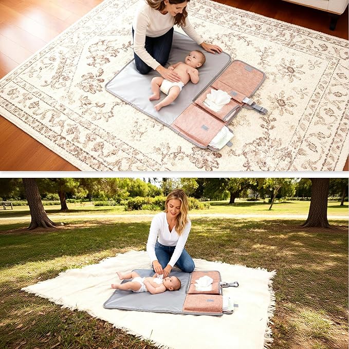 Portable Diaper Changing Pad, Large Foldable Baby Travel Changing Mat with Storage Pocket for Wipes & Diapers, for Nursery, Car, Outdoor Use (Park, Beach)