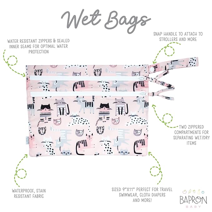 BapronBaby Kitty Wet Dry Bag - Waterproof Two Zipper Pockets - Reusable for Mealtime, Diapers, Stroller, Snacks, Swimsuits - Machine Washable - 11" x 9"