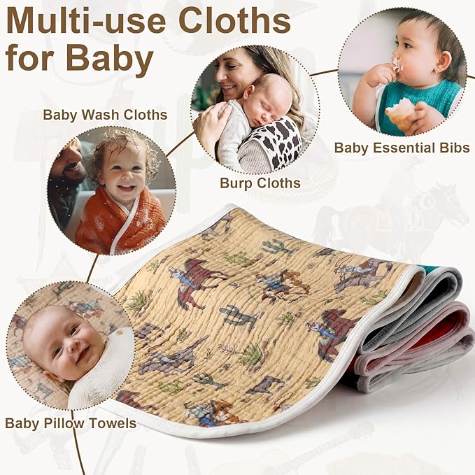 Hahafelt 4 Pcs Western Cowboy Baby Burp Cloths 100% Cotton Absorbent & Soft Burping Cloth Newborn Towel 2-in-1 Large Size Baby Spit up Burping Rags Set for Boys and Girls Infant Newborn