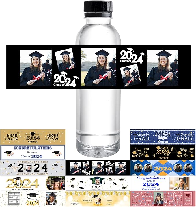 Personalized Water Bottle Labels Graduation Custom Graduation Labels with Name for Water Bottle Stickers Waterproof Printable Photo Bottle Labels Graduation Gifts 50 Pcs
