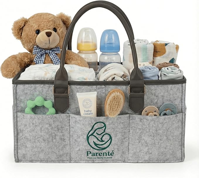 Diaper Caddy Organizer for Baby Essentials, Portable Nursery Storage Bin with Handles, Large Capacity for Diapers, Wipes, Toys, Changing Table or Car, Felt Diaper Organizer