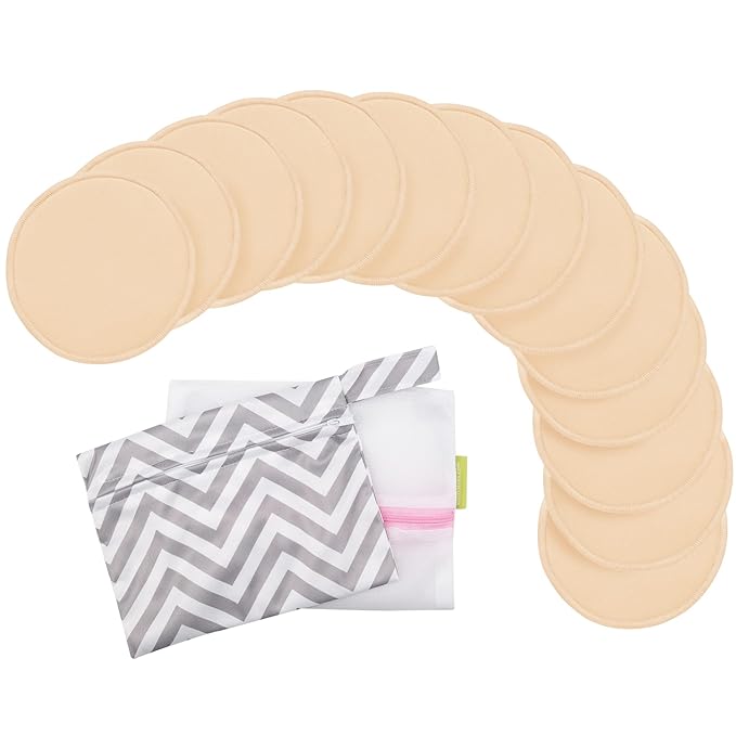 14-Pack Reusable Nursing Pads for Breastfeeding - Soft & Absorbent 4-Layers Washable Breast Pads for Leaking Milk, Viscose from Bamboo Breastfeeding Essentials,Nipple Covers(Bare Beige, L 4.8")