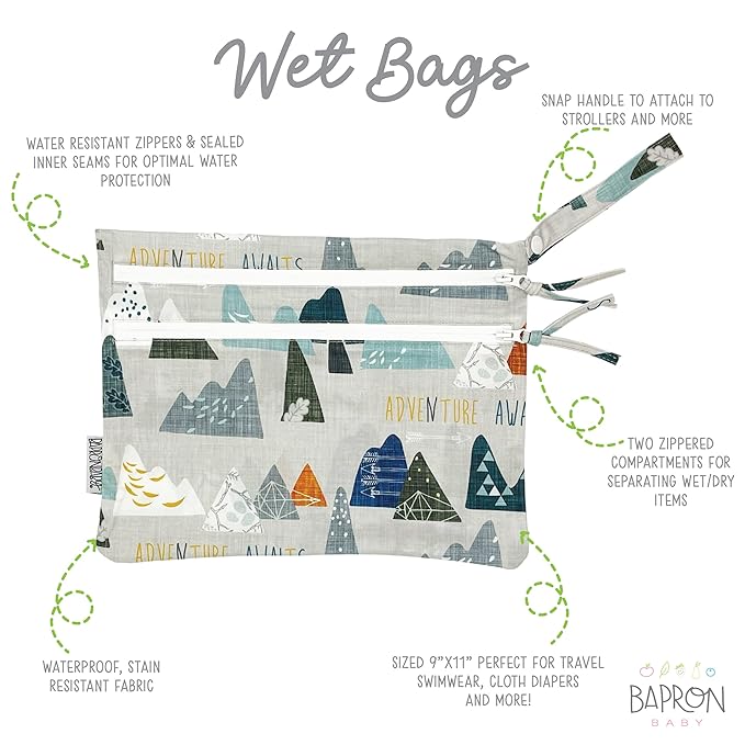 BapronBaby Adventure Awaits Wet Dry Bag - Waterproof Two Zipper Pockets - Reusable for Mealtime, Diapers, Stroller, Snacks, Swimsuits - Machine Washable - 11" x 9"