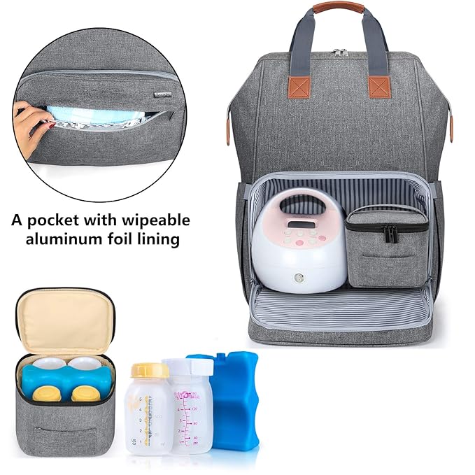 LUXJA Breast Pump Bag with Breastmilk Cooler Bag (Fits Four 5-Ounce Breastmilk Bottles), Breast Pump Backpack with Compartments for Cooler Bag and Laptop (Suitable for Working Mothers), Gray