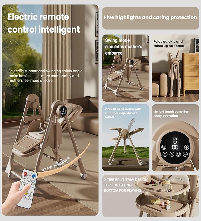 Nine point nine Electric Bluetooth Smart PU Leather High Chair with Swinging Function, Baby High Chairs for Babies and Toddlers, Baby Feeding Chairs Seat, Double Tray, Removable Wheels (E8121 Grey)