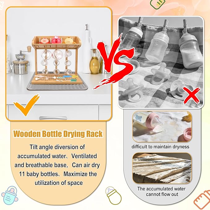 Windspeed Wooden Bottle Drying Rack for Baby Bottle Rack Dryer with Drain Pad, Space Saving for 11 Milk Glass Baby Feeder, Ideal Too for Busy Parents