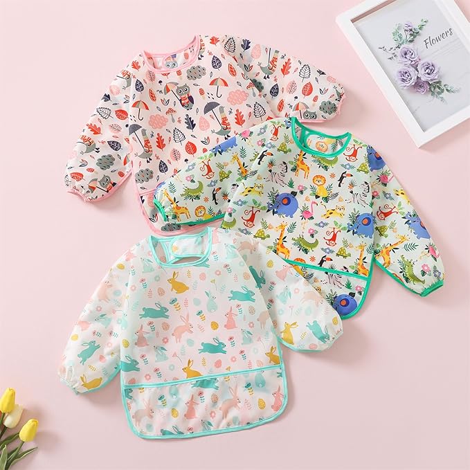 3 Pcs Waterproof Long Sleeves Baby Bibs Weaning Smock Bib 3-24 Months
