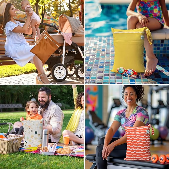 2-Pack Wet Bags – Waterproof Travel Bags for Cloth Diapers, Baby Essentials & Swimwear – Reusable Wet Dry Bag with Double Zipper & Handle for Diaper Bag & Beach Trips (Ocean Breeze)