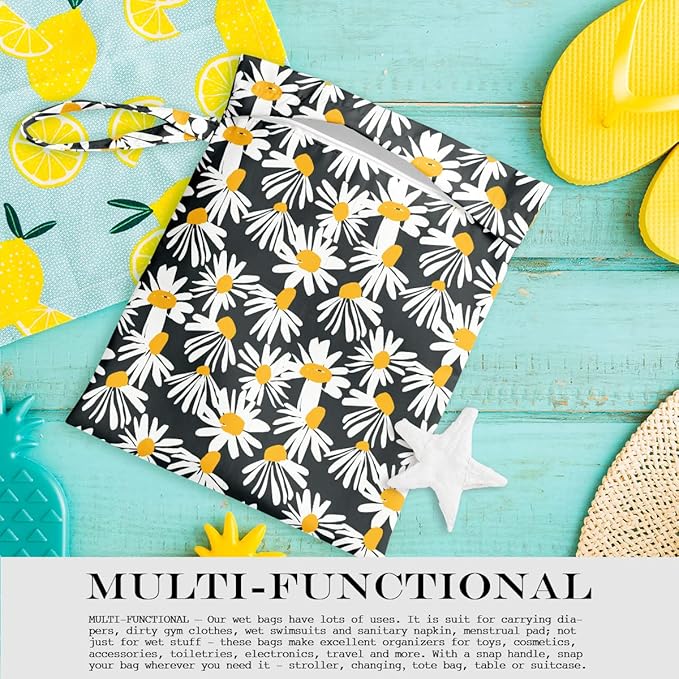 Wet Bag, Wet Dry Bag, Wet Bag for Swimsuit, Travel, Beach, Pool, Diapers, Dirty Yoga Gym Clothes, Toiletries, Makeup Bag, Waterproof Reusable Cute Daisy Floral Flower