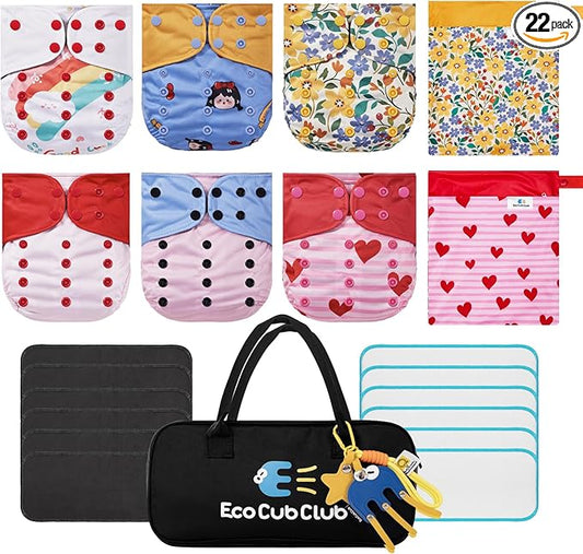 Reusable Washable Cloth Diapers 6pcs for Baby Shower,Leak-Proof Double Gussets Fleece Lining,12 Soft Fleece Inserts & 2 Wet Bags,Packed in Durable Travel Handbag&Key Chain-G-09-F