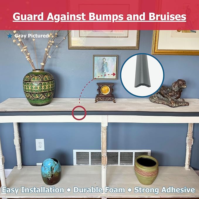 Cardinal Gates EC Edge Cushion for Baby Proofing - Edge Corner Protector Soft Foam Strip for Baby Safety – Guard Against Child Injury on Desk, Table, Bed - 12 Feet of Padding - Made in USA – Black
