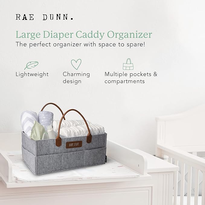 Rae Dunn Baby Diaper Caddy Organizer, Nursery Storage for Changing Table and Car, Portable Basket for Items, Shower Gifts, Grey Felt With Leather Handles, Large