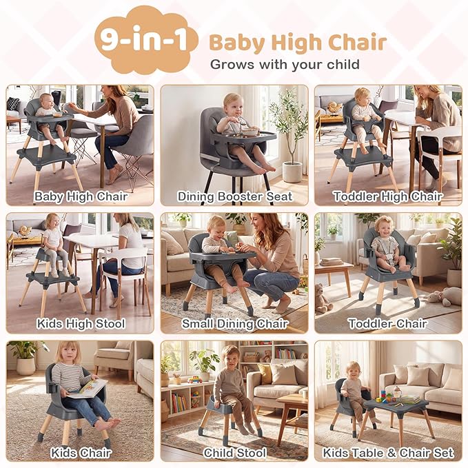 BABY JOY High Chair, 9-in-1 Convertible Highchairs for Babies and Toddlers, Booster Seat | Table & Chair Set | Stool, Adjustable Legs, Removable Tray, Safety Harness & PU Cushion (Dark Gray)