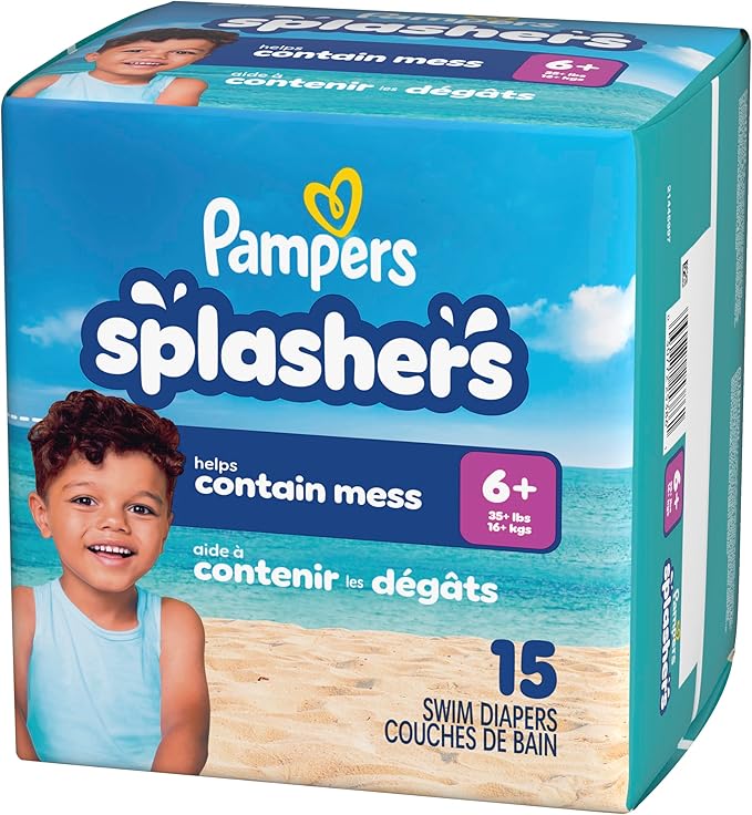 Pampers Splashers Swim Diapers, Size 6+, 15 Count, Disposable Swim Diapers, Contains Mess, No Swell