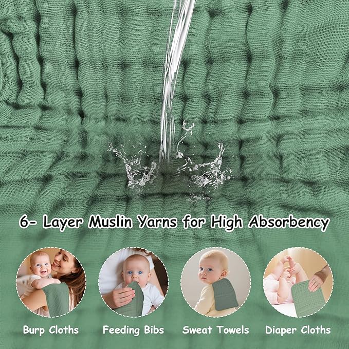 Muslin Solid Burp Cloths 100% Cotton Large 18''x10'' Extra Soft and Absorbent Multifunctional 6 Pack Baby Burping Cloth for Unisex Boys Girls (Green)
