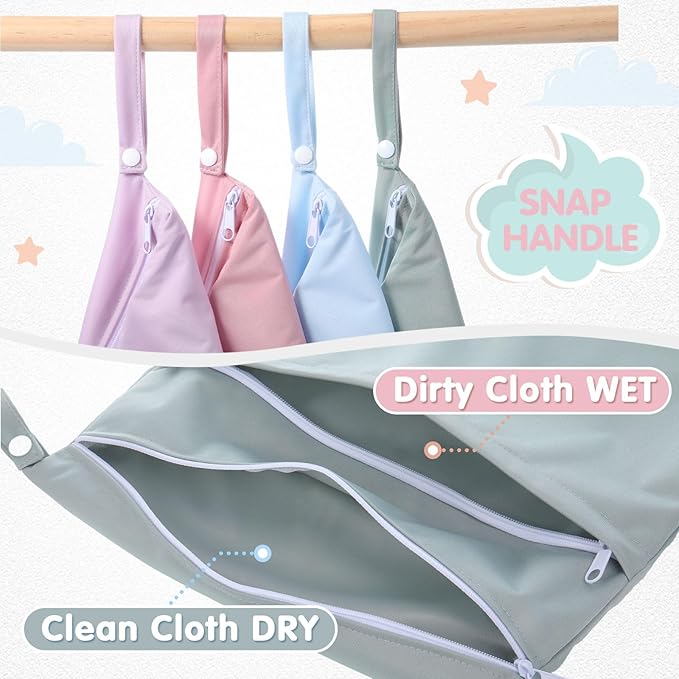SATINIOR 4 Pack Wet Dry Bags for Baby Cloth Diapers 12x14 Washable Travel Swimsuit Wet Bags Reusable with Two Zippered Pockets for Yoga Gym Swimsuits Travel Beach Pool Soiled Items(Morandi Color)