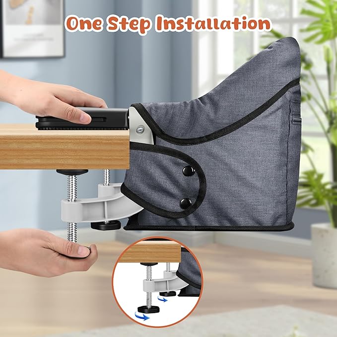 Hook On High Chair, Portable Foldable Clip On Baby Travel High Chair, Lightweight Feeding Seat with Storage Bag, BPA-Free Safety Harness for Home Restaurant (Grey)