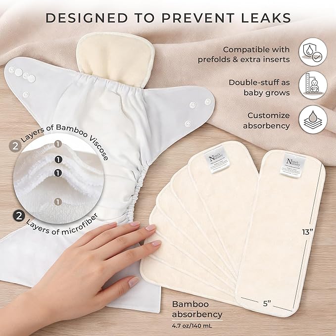 Nora's Nursery Cloth Diapers for Babies (Down to Earth) – 7 Adjustable Baby Reusable Diapers, 7 Inserts & 1 Wet Bag From Newborns to Toddlers – One-Size Pocket No-Leak, Washable Design to Reduce Waste