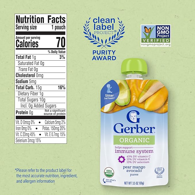 Gerber Organic Baby Food Pouches, 2nd Foods for Sitter, WonderFoods, Pear Mango Avocado, 3.5 Ounce (Pack of 12)