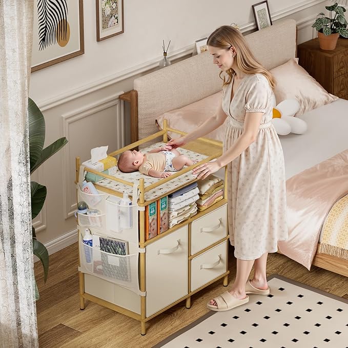 Amazer Baby Changing Table, Bamboo Baby Dresser Table with Flat Top, Diaper Changing Station with 3 Removable Storage Drawers, Large Storage Nursery Organizer Shelves with Pad, Mesh Pocket