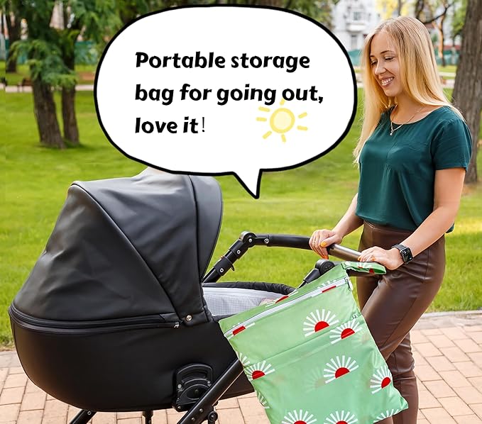 Wet Dry Bag for Cloth Diapers, 2PCS Waterproof Reusable Wet Bag with Zippered Pockets, Washable, Reusable for Travel, Beach, Pool, Stroller, Diapers, Dirty Gym Clothes, Swimsuits, 14x12In & 12x11In