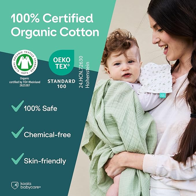 Koala Babycare 5 Pack 20"x10" Organic Burp Cloths for Baby Boys and Girls - GOTS & OEKO-TEX Cotton Burp Rags for Newborns - Absorbent Neutral Burping Cloths for Feeding - Washable Baby Bibs Essentials