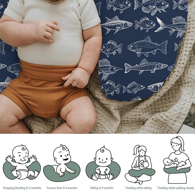 Navy Freshwater Fish Nursing Pillow Covers for Boy Girl Bass Carp Trout Salmon Lake Nursing Pillow Slipcovers for Breastfeeding Pillows Fishing Lover Gift Soft Stretchy Cover for Newborn Infant