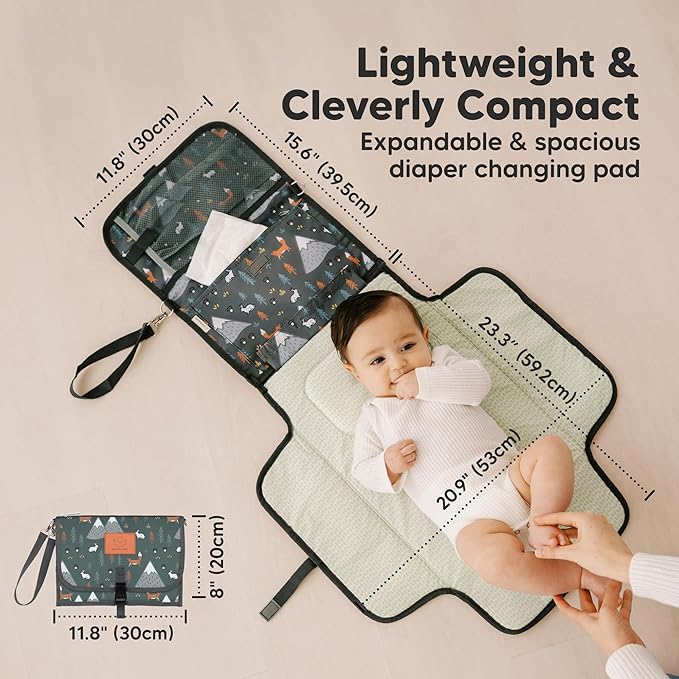 KeaBabies Portable Diaper Changing Pad, Travel, Car - Large Waterproof Baby Changing Mat, Wipeable, Padded, On The Go Travel Diaper Clutch Bag, Easy to Use Pockets for Newborn Essentials (Woods)