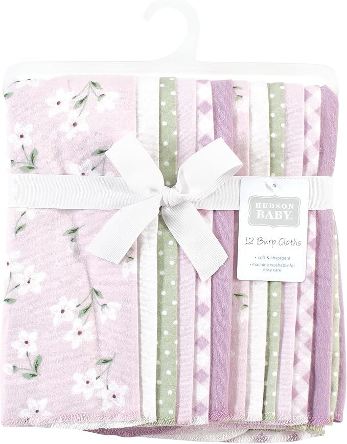 Hudson Baby Unisex Baby Cotton Flannel Burp Cloths Bundle, Purple Dainty Floral, One Size