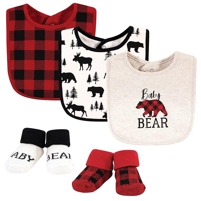 Hudson Baby Unisex Baby Cotton Bib and Sock Set, Baby Bear Plaid, One Size