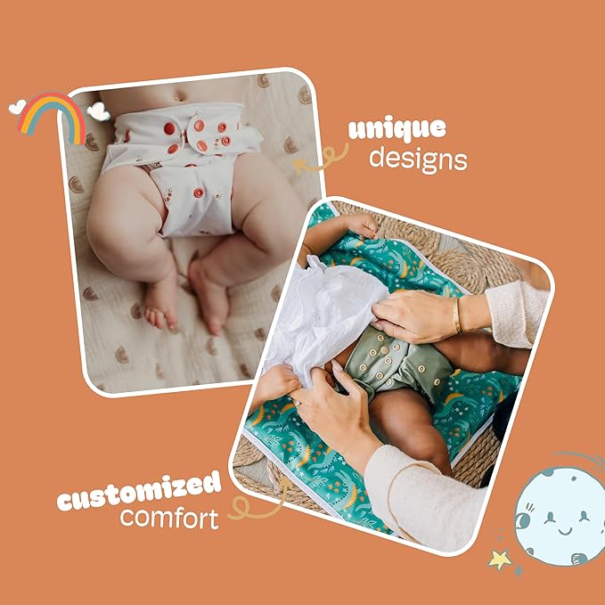 Kinder Cloth Diapers Reusable Baby Diapers Pocket Style Athletic Wicking Jersey, Bamboo Viscose Inserts, Wet Bag, Newborn to Potty Training 7-60lbs, One Size (Boho Florals, 5 Pack, with Inserts)