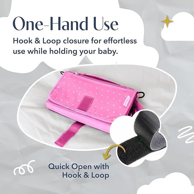 Portable Diaper Changing Mat, Fits Most Changing Tables, One-Hand Hook-and-Loop Fasteners, Front Touchscreen-Friendly Pocket, Pink