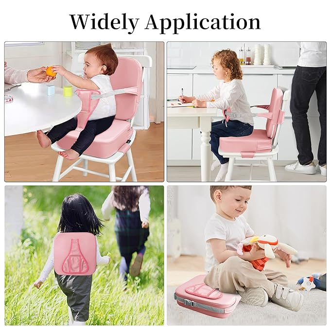 Eiury Toddler Booster Seat for Dining Table – Non-Slip PU Waterproof Cushion with Backrest & Adjustable Straps, Portable Baby Booster Seat (Pink)