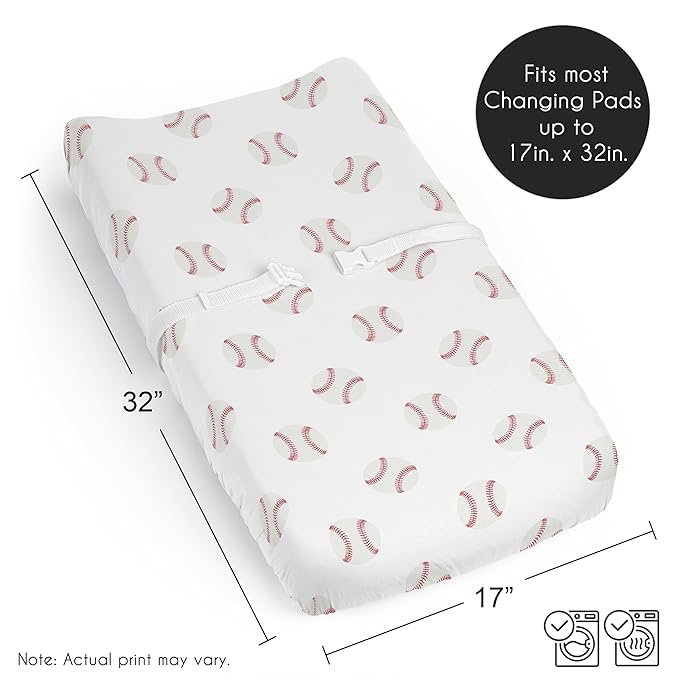 Sweet Jojo Designs Baby Changing Pad Cover Sheet (Baseball Sports) for Boys, Infant/Newborn Diaper Change Table Mat Covers (Red & White Baseballs, Americana Sport, for the Base Balls Patch Collection)