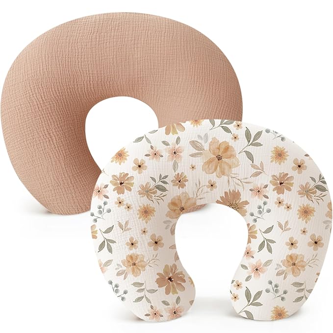 Konssy 2-Pack Muslin Nursing Pillow Covers, Soft & Adorable Nursing Covers for Breastfeeding Pillows, Slipcovers for Newborn Boys & Girls(Toffee, Flourish)