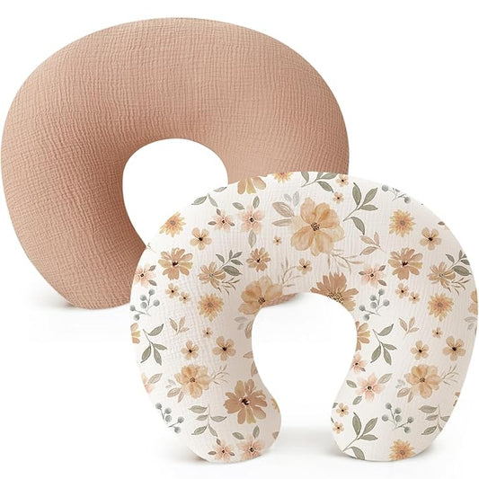 Konssy 2-Pack Muslin Nursing Pillow Covers, Soft & Adorable Nursing Covers for Breastfeeding Pillows, Slipcovers for Newborn Boys & Girls(Toffee, Flourish)