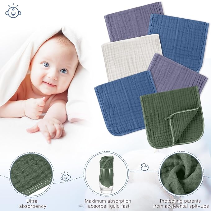 Buryeah Muslin 20 Pcs Burp Cloths Large 20" x 10" 100% Cotton 6 Layers Ultra Absorbent and Soft Hand Washcloths for Baby Drool and Messes Gentle Burp Cloth for Boys & Girls(Classic Color)