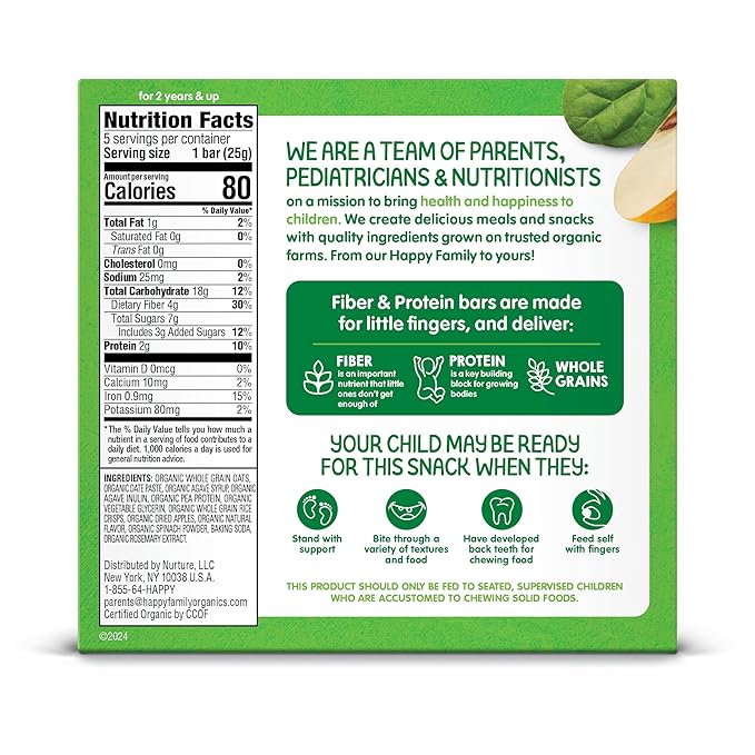 HAPPYTOT Organics Fiber & Protein Soft-Baked Oat Bars Toddler Snack Apple & Spinach, 0.88 Ounce Bars, 5 Count Box (Pack of 6)