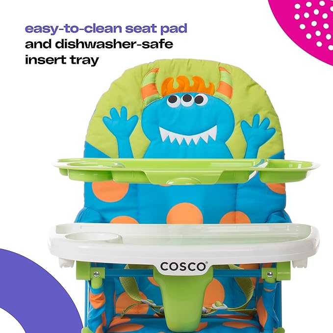 Cosco Kids Simple Fold Folding High Chair for Babies and Toddlers (from 6 Months to 50 lbs) Simple Fold Deluxe with 3-Position Tray, Portable High Chair, Monster Syd